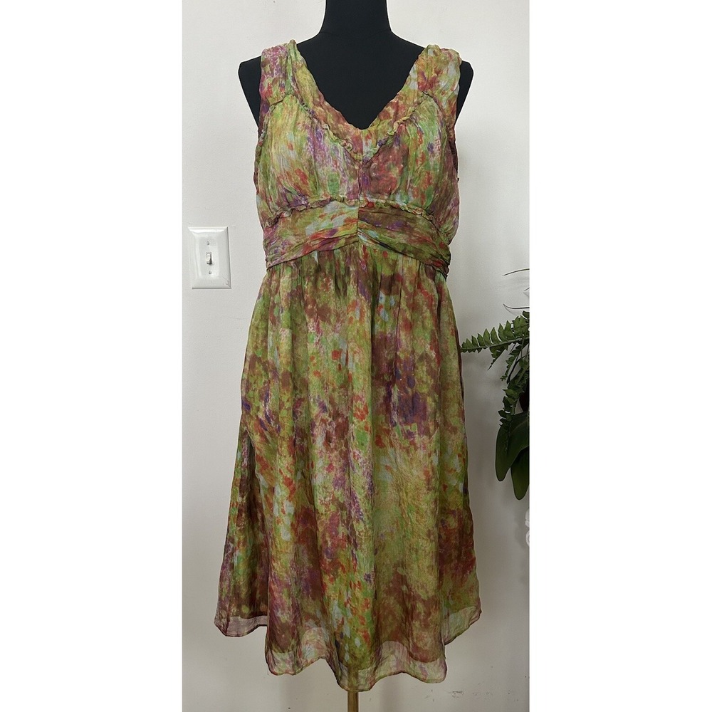 Sundance Green Watercolor Vibrant 100% Silk Fit Flare Midi Dress Size 12